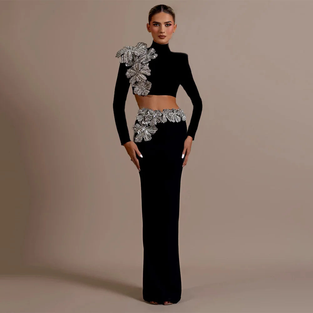 Black Color Women Long Sleeve Sexy Diamond Flowers 2 Pieces Bodycon Long Bandage Dress Celebrate Nightclub Party Outfit Vestido