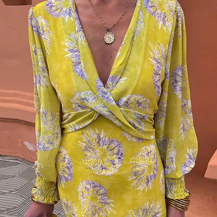 Elegant Flower Print Maxi Dress For Women Fashion Pleated V-neck Long Sleeve Slim Robe Spring New Lady High Street Vestidos