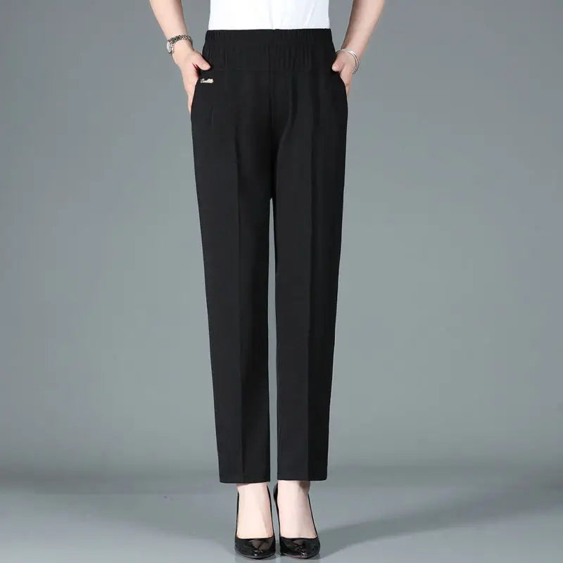 Summer Simplicity Commute Solid Color Straight Pants Women's Clothing Fashion All-match Elastic Waist Trousers for Female Black