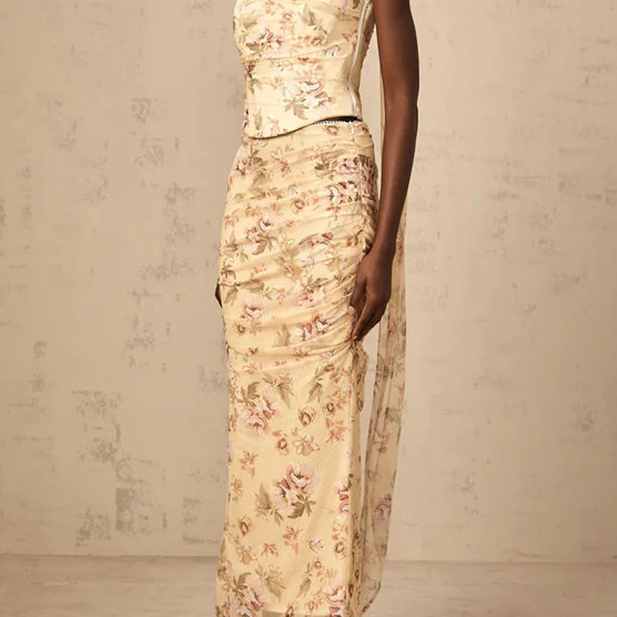 TWOTWINSTYLE Colorblock Slimming Spliced Mesh Dresses for Women Strapless Sleeveless Patchwork Printing Dress Female Clothing