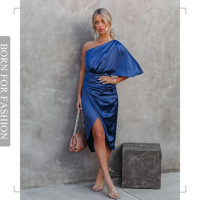 Bodycon Sexy Party Silk Robe Satin Dress Black Women Short Sleeve One Shoulder High Split Ruched Evening Dresses 2024 Summer