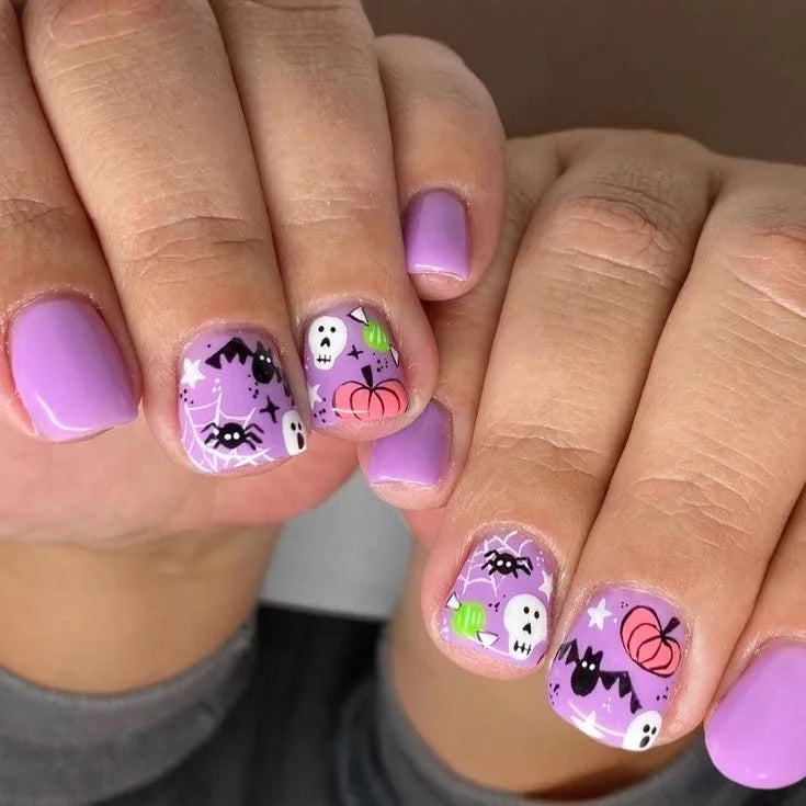 24Pcs Short Square False Nails Dark Forest Castle Design Press on Fake Nails Halloween Reusable Artificial Full Cover Nails Tips