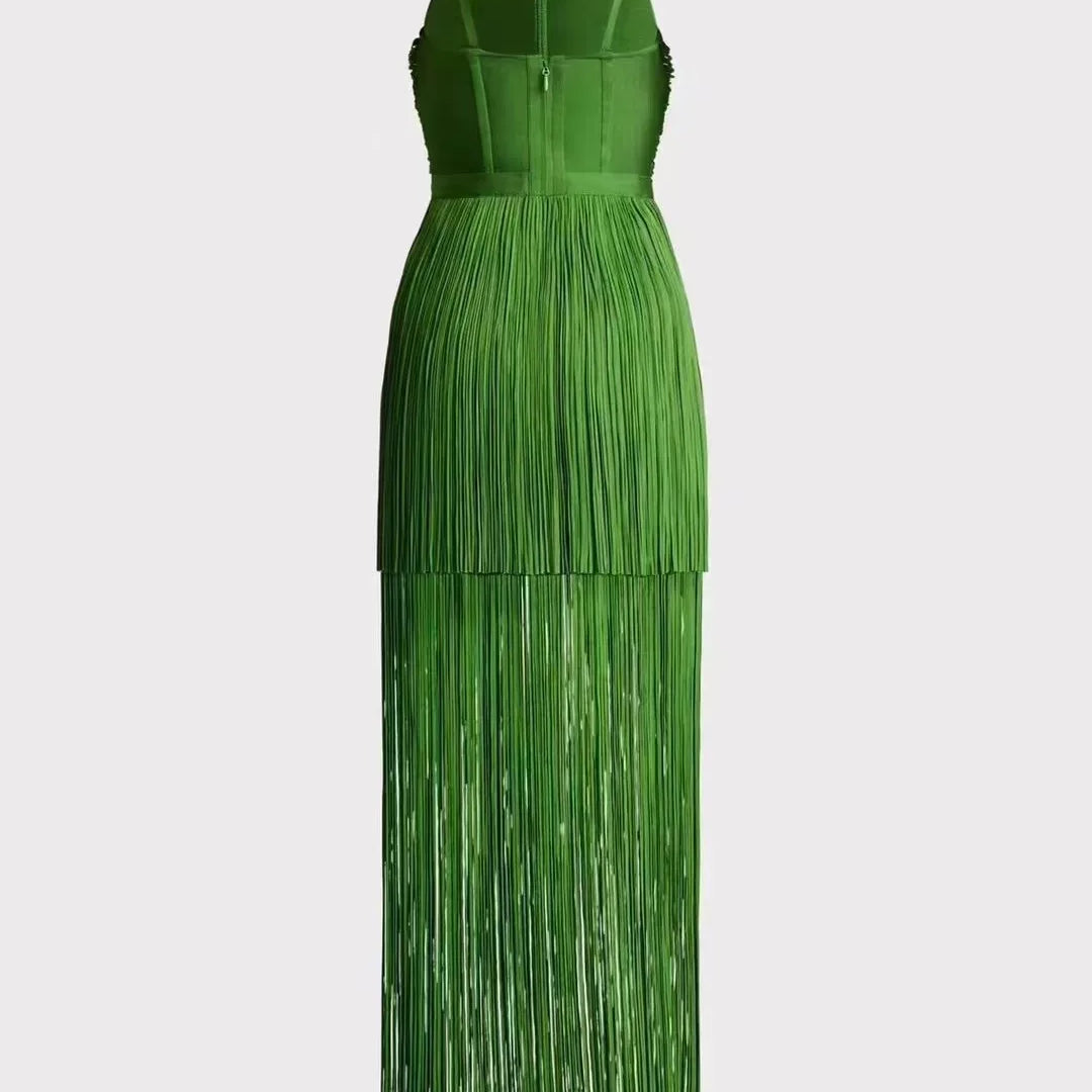 Women Celebrity Luxury Sexy Backless Tassel Green Ankle Length Bodycon Bandage Dress 2024 Elegant Evening Club Party Outfit