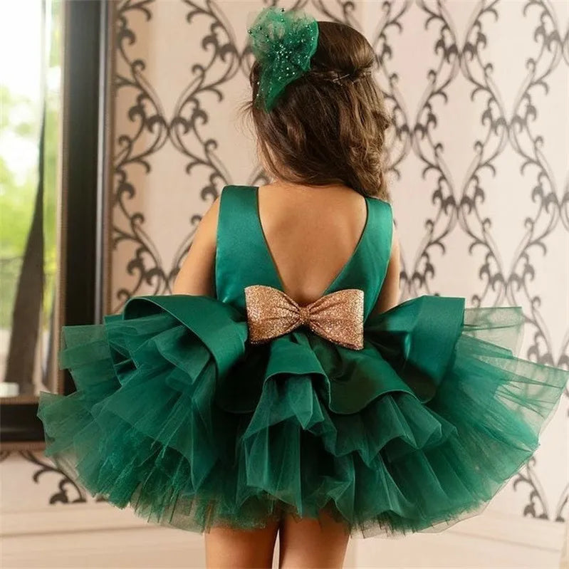 Robe pour petites filles, tenue de baptême à gros nœud, pour fête d'anniversaire de première année, vêtements de mariage, Tutu moelleux 