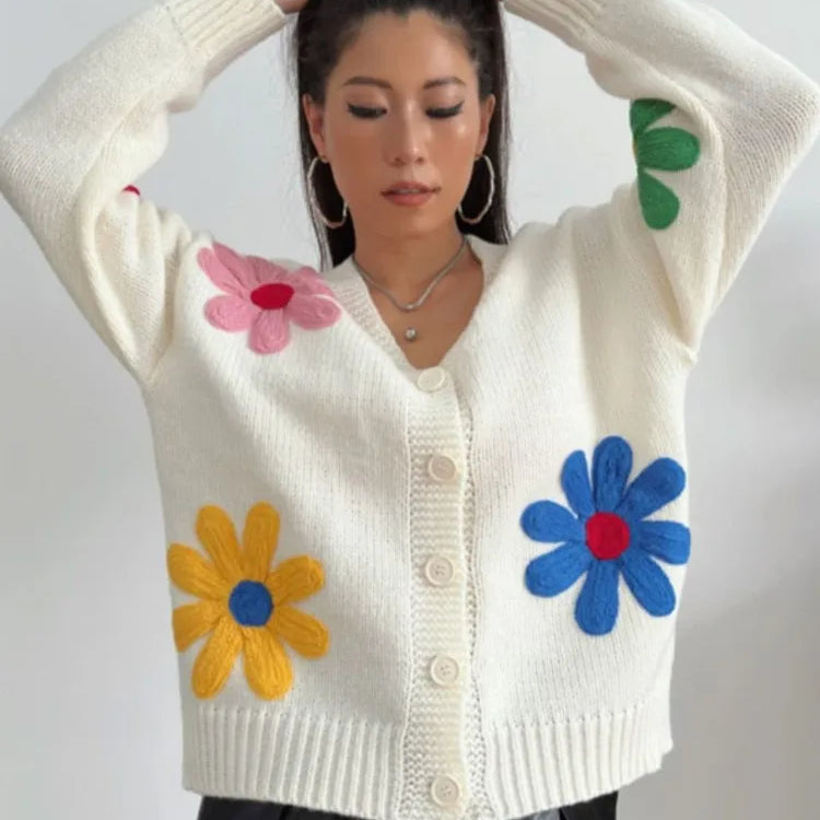 Vintage Flower Embroidery Sweater Women Loose Long Sleeve O-neck Knitted Pullover Autumn Female Thick Casual Streetwear as picture 2