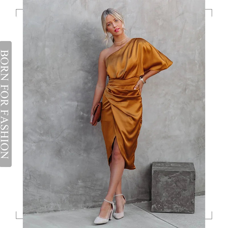 Bodycon Sexy Party Silk Robe Satin Dress Black Women Short Sleeve One Shoulder High Split Ruched Evening Dresses 2024 Summer