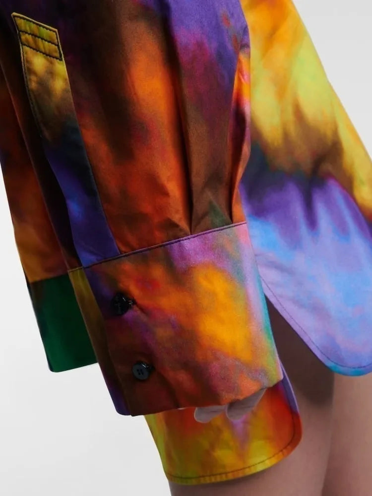 DEAT Fashion Women's Shirt Dress V-neck Loose Tie Dye Long Sleeve Single Breasted Waist Mini Dresses Spring New WR36309