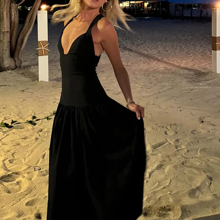 Elegant High Collar A-line Maxi Dress For Women Fashion Solid Pleated Slim Long Dresses 2024 New Lady Evening Party Prom Gowns