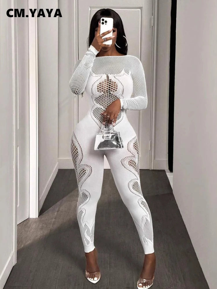 CM.YAYA 2025 O-neck Full Sleeve Women Mesh Hollow Out Jumpsuits Casual Night Club Sexystreet Sexy Perspective Outfits Rompers