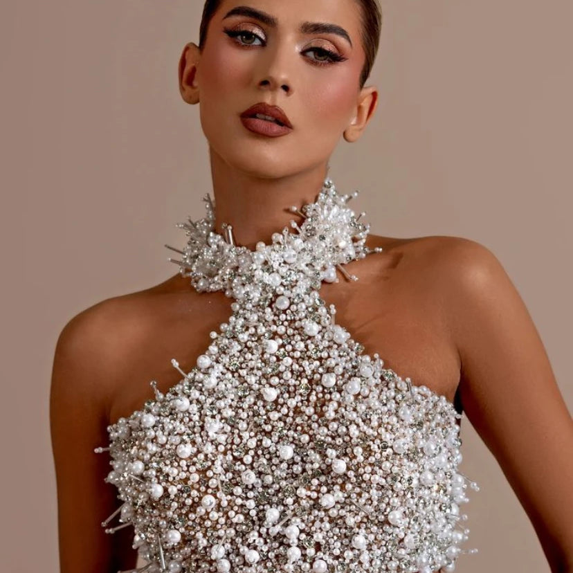 Fashion Women Sexy Off the Shoulder Pearl Beading 2 Pieces Bodycon Long Dress Mesh See Through Nightclub Party Celebrate Dress