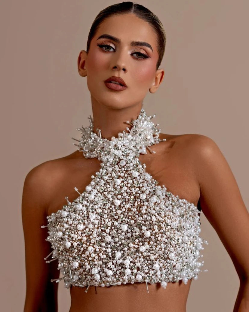 Fashion Women Sexy Off the Shoulder Pearl Beading 2 Pieces Bodycon Long Dress Mesh See Through Nightclub Party Celebrate Dress