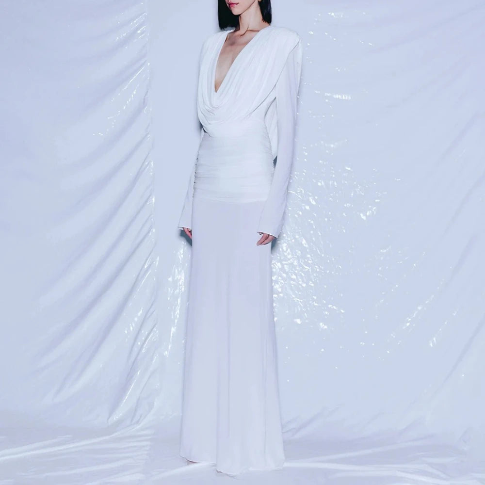 TWOTWINSTYLE Solid Slimming Spliced Folds Minimalist Dresses for Women V Neck Long Sleeves Elegant Evening Dress Female Fashion