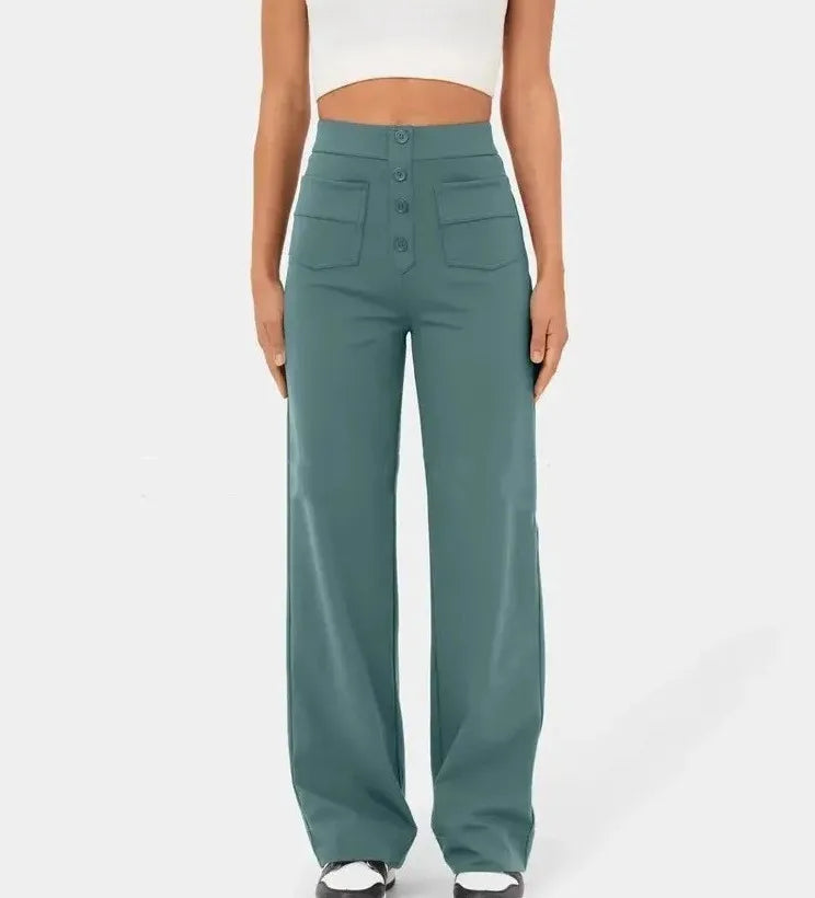 Women's High-waisted Elastic Casual Trousers Fashionable Casual Straight-leg Pants Buttoned Elegant Casual Pants Malachite green