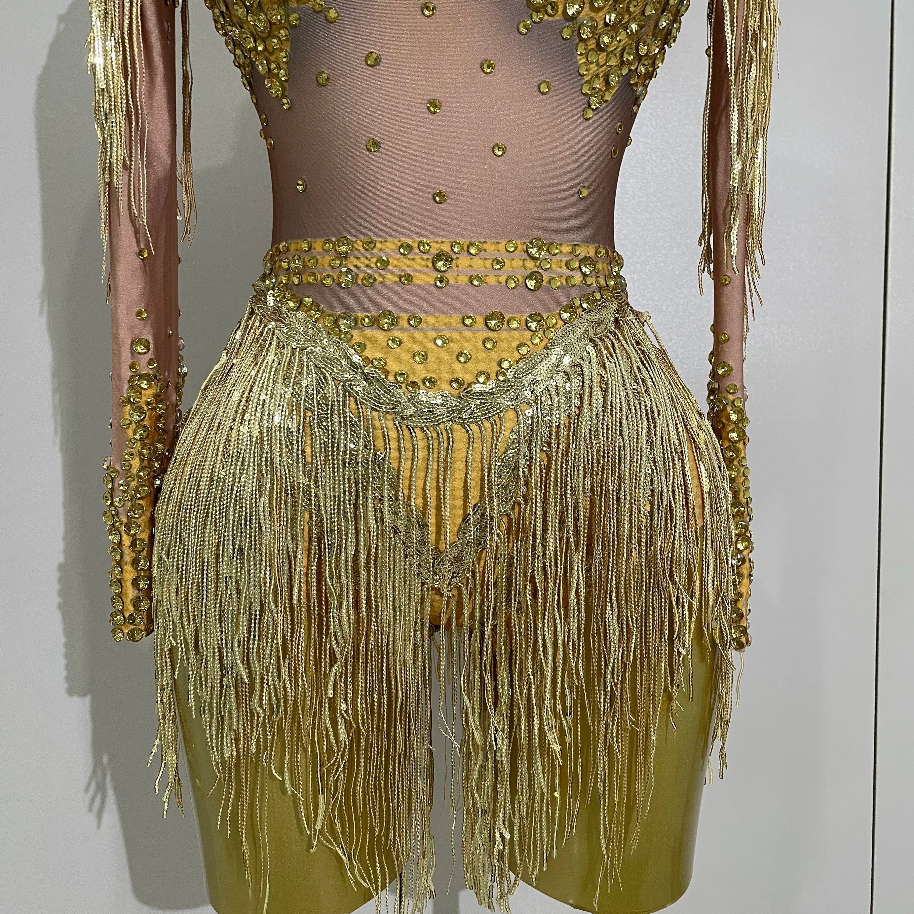 Sparkly Rhinestone Sequin Tassel Stretch Bodysuits 2025 New Arrival Women  Birthday Party Nightclub Dj Stage Performance Costume
