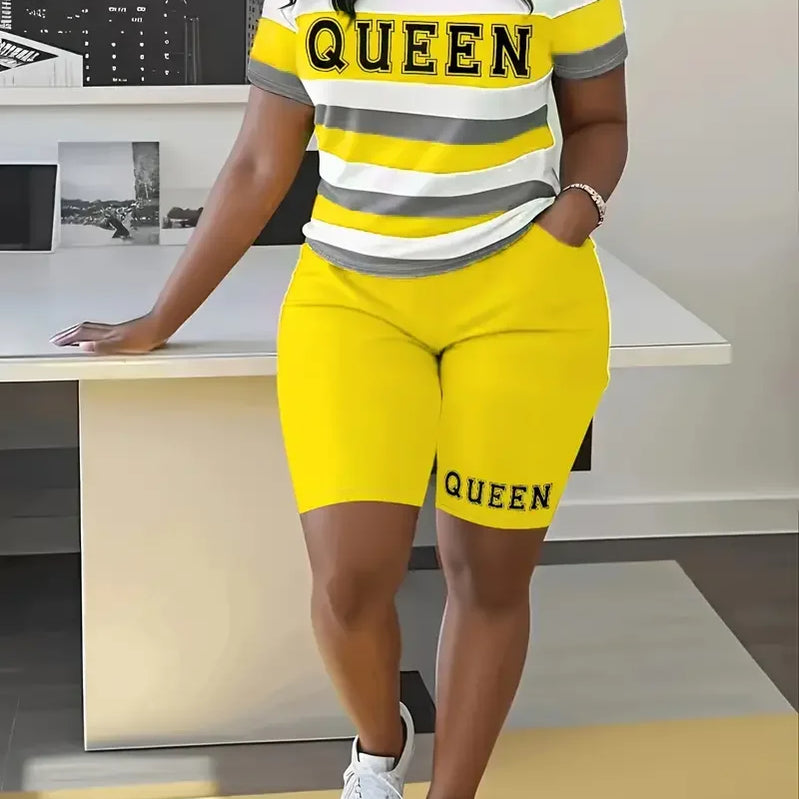 Plus Size Summer Outfits Biker Shorts Set Crew Neck Short Sleeve Positioning Printing Queen Plus Size 2 Piece Set Women