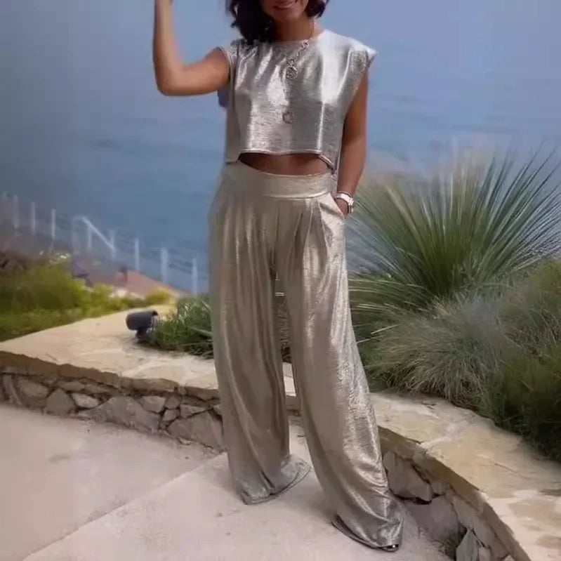 Plus Size Women's 0XL-5XL Summer Casual Sleeveless Fashion Comfortable Women's Glossy Tank Top Wide Leg Pants Two Piece Set