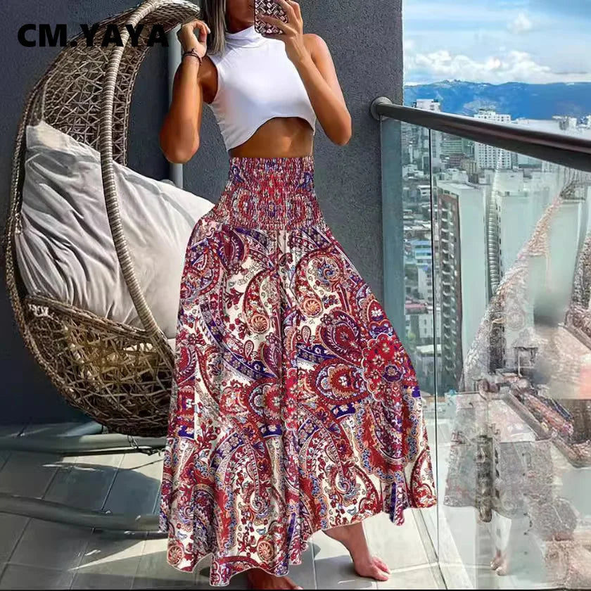 CM.YAYA Women Fashion Bandanna Paisley Big Swing High Waist Maxi Skirt Streetwear 2024 Boho Vintage Casual Long Skirts