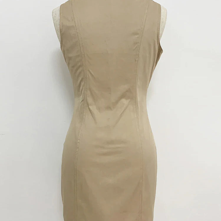 Top Quality Newest Stylish Summer Designer Women's Sleeveless Notched Collar Double Breasted Lion Buttons Mini Cotton Dres