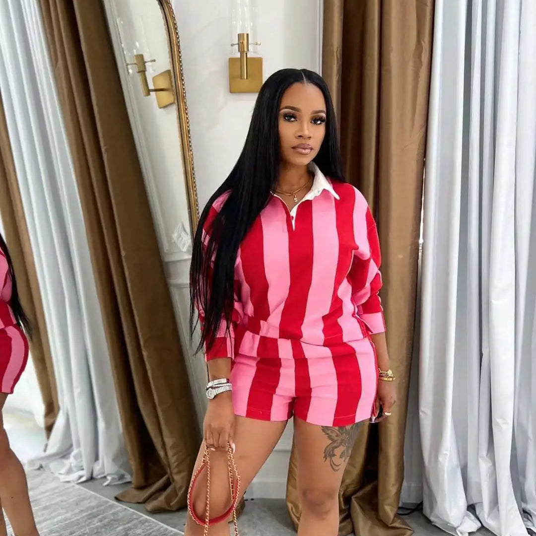 CM.YAYA Striped Women's Set Pleated full Sleeve Turn-down Collar Polo-t-shirt and Shorts 2025 Two 2 Piece Sets Outfit Tracksuits