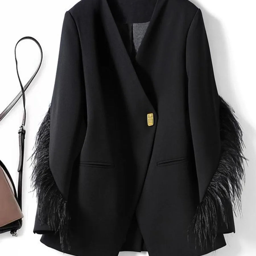 Woman Vintage V-collar Feather Tassel Stitching Blazer Coat Black Loose Suit Jacket Female Long Sleeve Fur Patchwork Outerwear