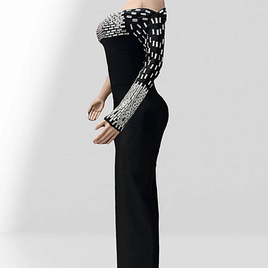 Spacial Design Luxury Diamonds Sexy Off The Shoulder Black Ankle Length Bandage Dress Woman Party Vestido Birthday Party Outfit