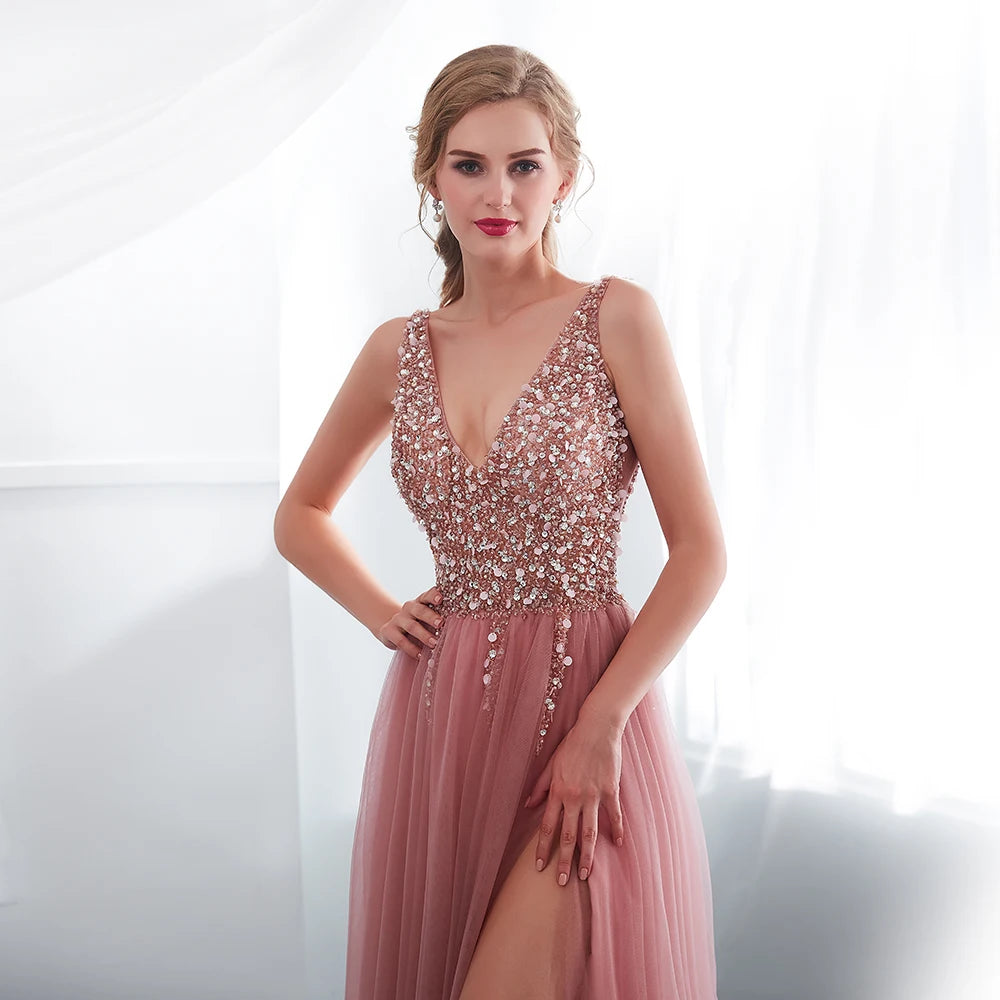 Beading Prom Dresses Sexy Pink High Split Tulle Sweep Train Sleeveless Evening Gown A-line Lace Up Backless Vestido De