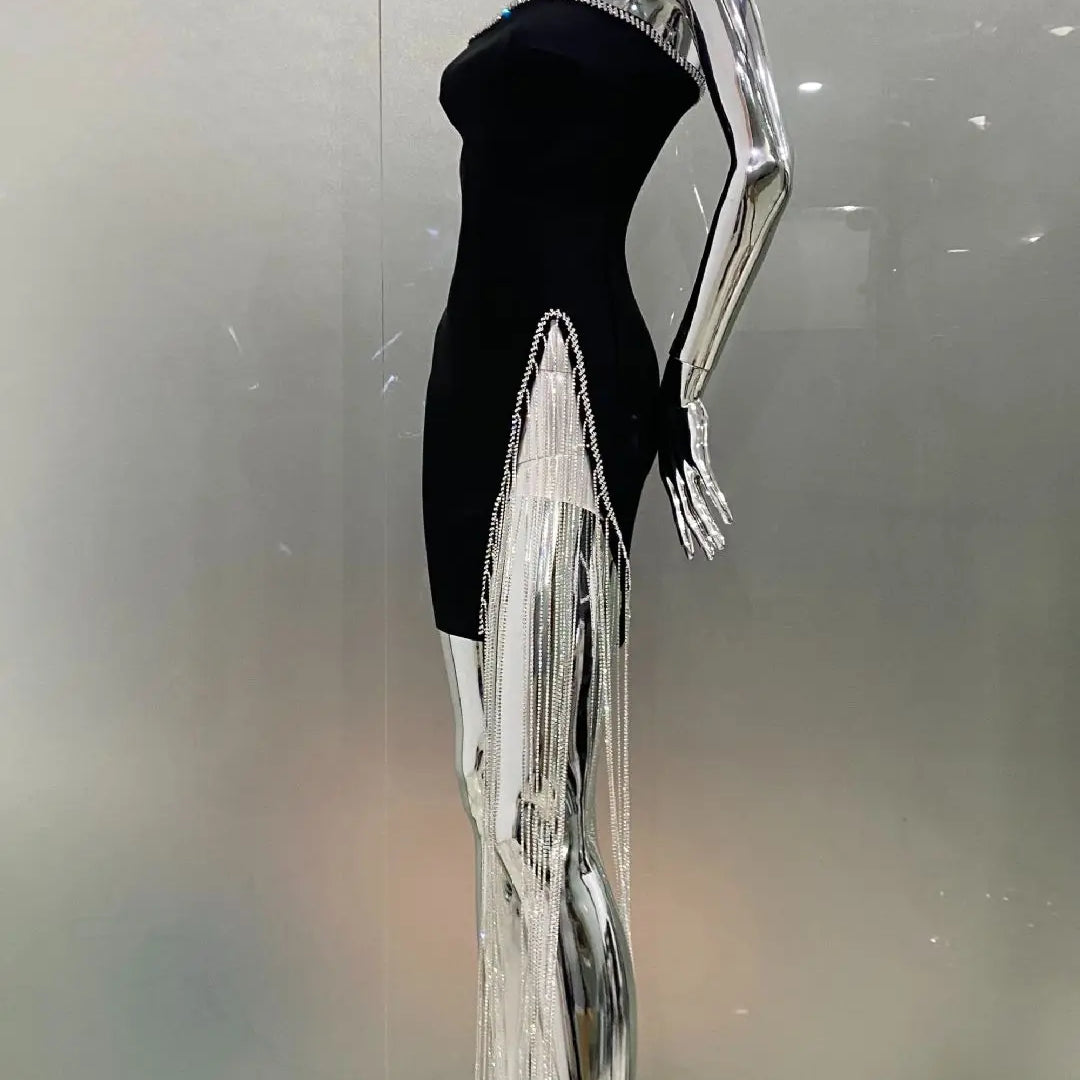 STOCK Shining Diamond Chain Sexy Slit Strapless Black Bandage Mini Dress Woman Birthday Party Dress Nightclub Party Outfit