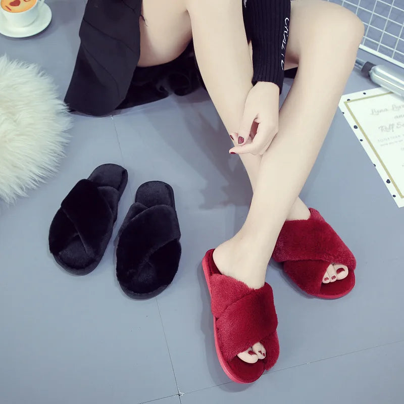 Winter Women Home Indoor Casual Slippers Female Flip Flops Fluffy Shoes Cross Design Slides Ladies Soft Warm Plush Slipper