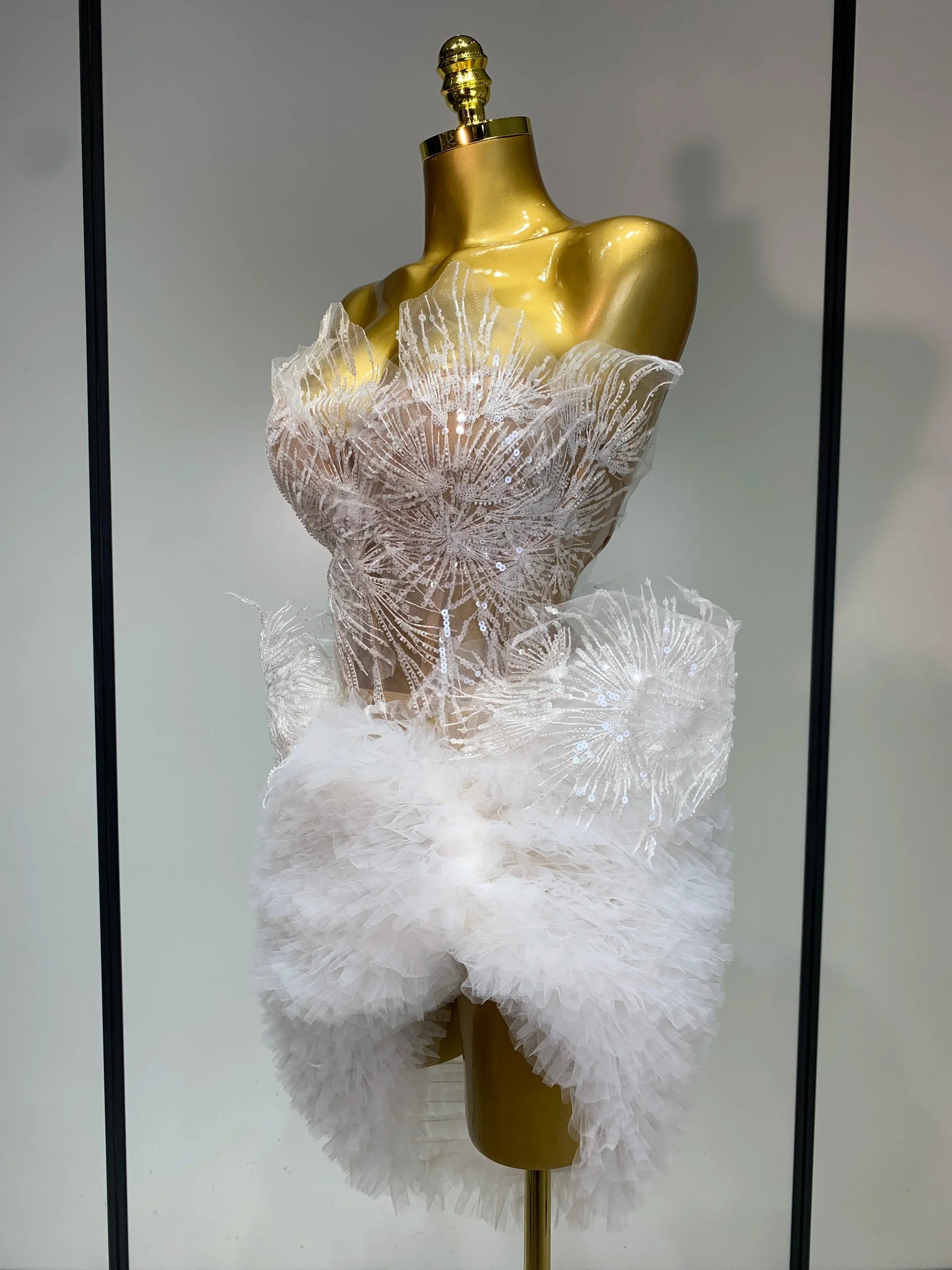 Sexy Strapless Tops Mesh Mini Skirt Two Piece Set Women Evening Party Nightclub Singer Stage Costume Luxury Birthday Gown