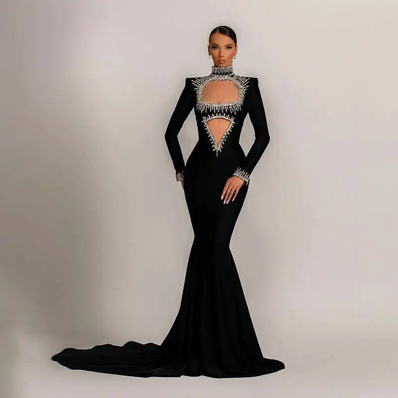 Winter Style Women Long Sleeve Sexy Mesh Sparkly Crystal Bodycon Long Bandage Dress Fashion Celebrate Evening Party Dress