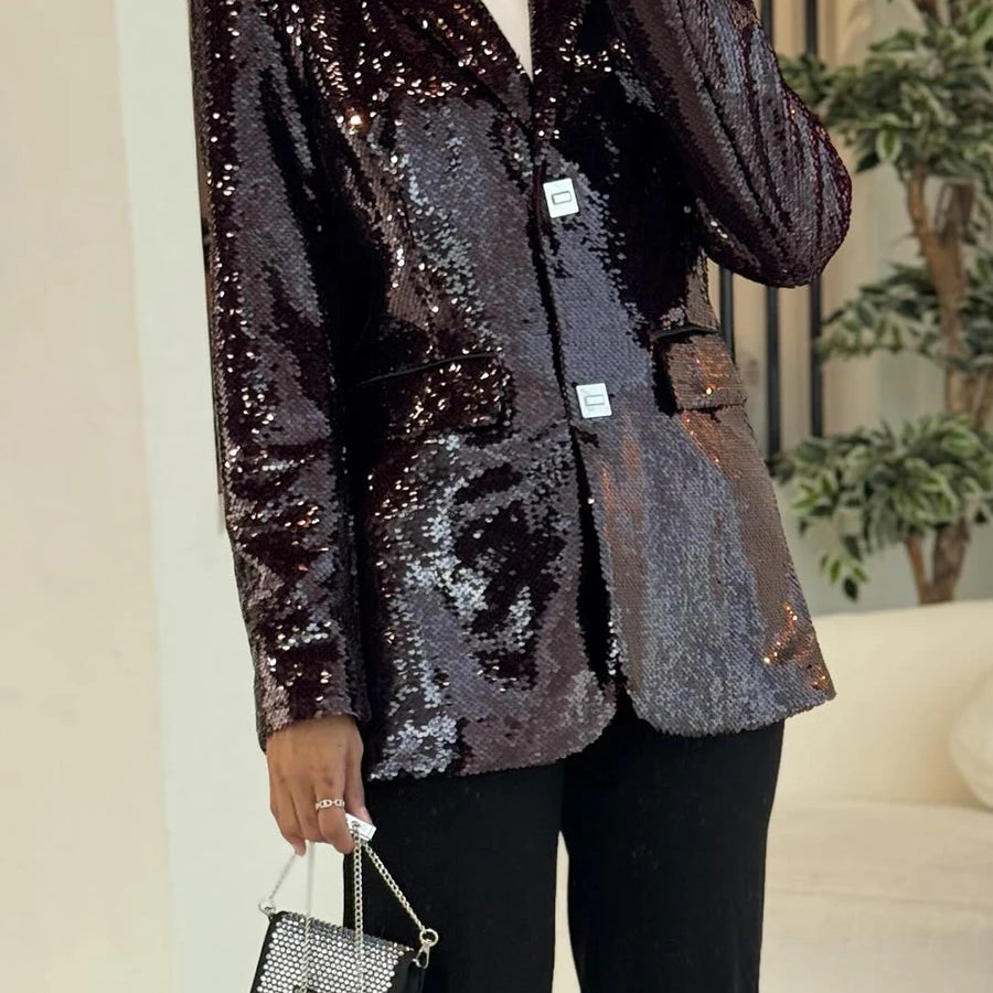 TWOTWINSTYLE Solid Slimming Spliced Sequins Blazer for Women Lapel Long Sleeves Patchwork Pockets Coat Female Fashion Clothing