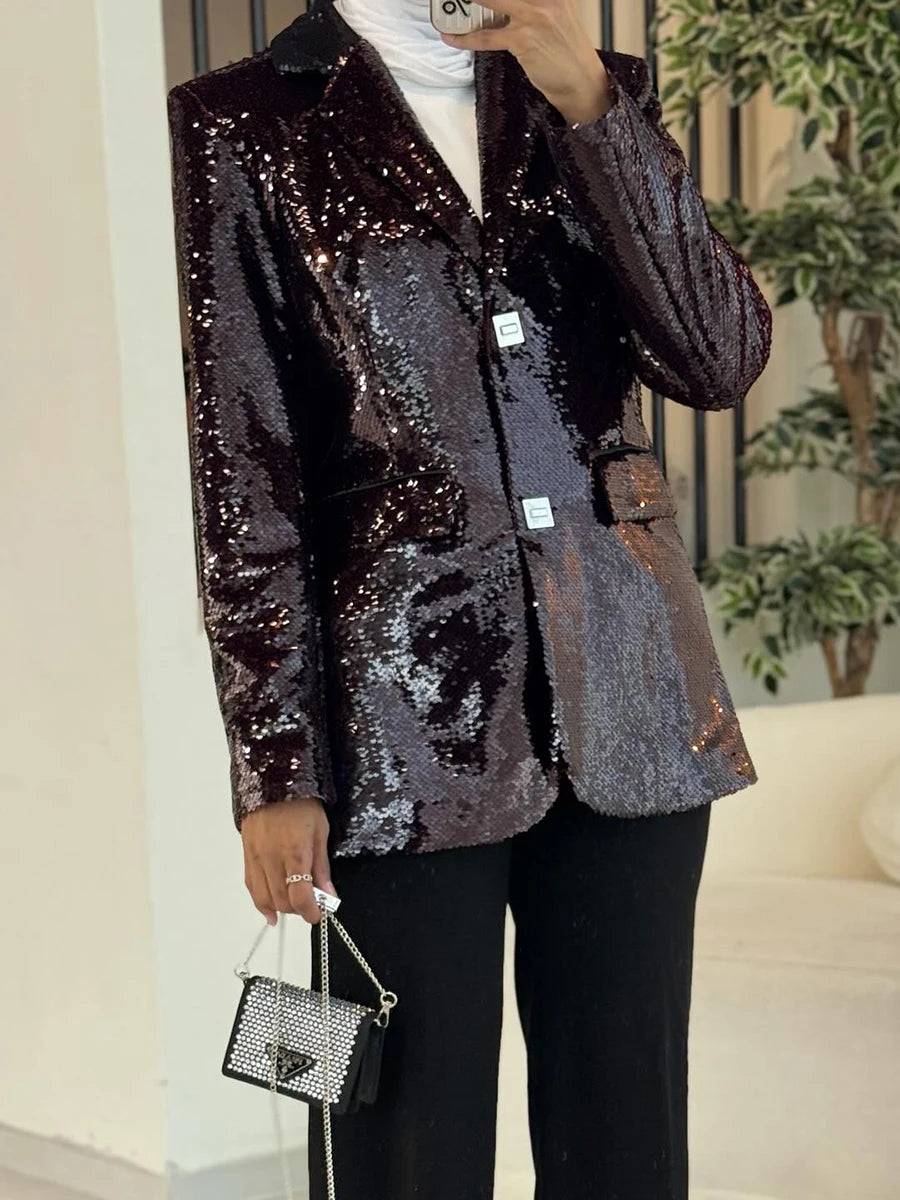 TWOTWINSTYLE Solid Slimming Spliced Sequins Blazer for Women Lapel Long Sleeves Patchwork Pockets Coat Female Fashion Clothing