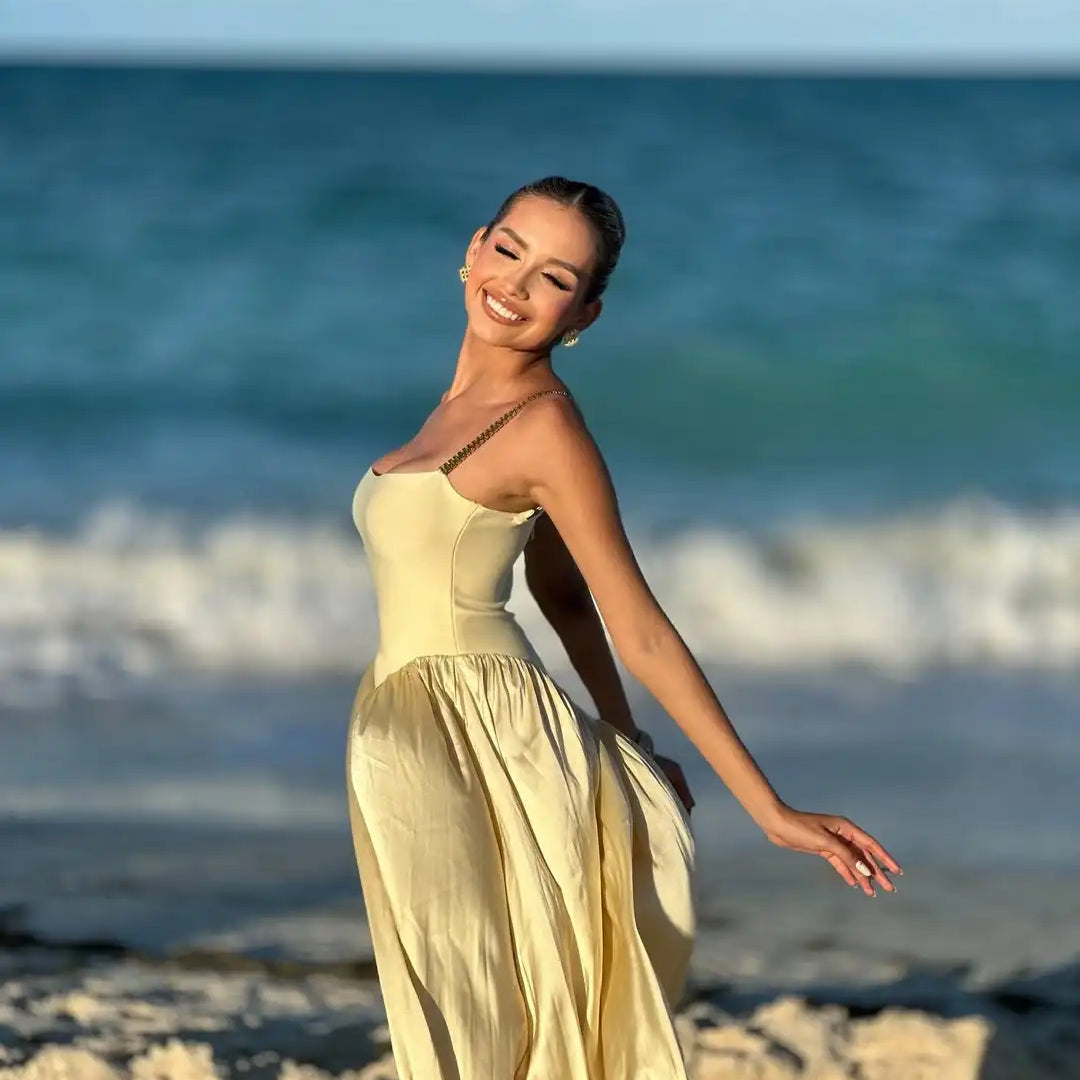 Yellow Women Sleeveless Sexy Strap Square Collar Long Bandage Maxi Dress Beach Style Celebrate Birthday Vacation Party Dress