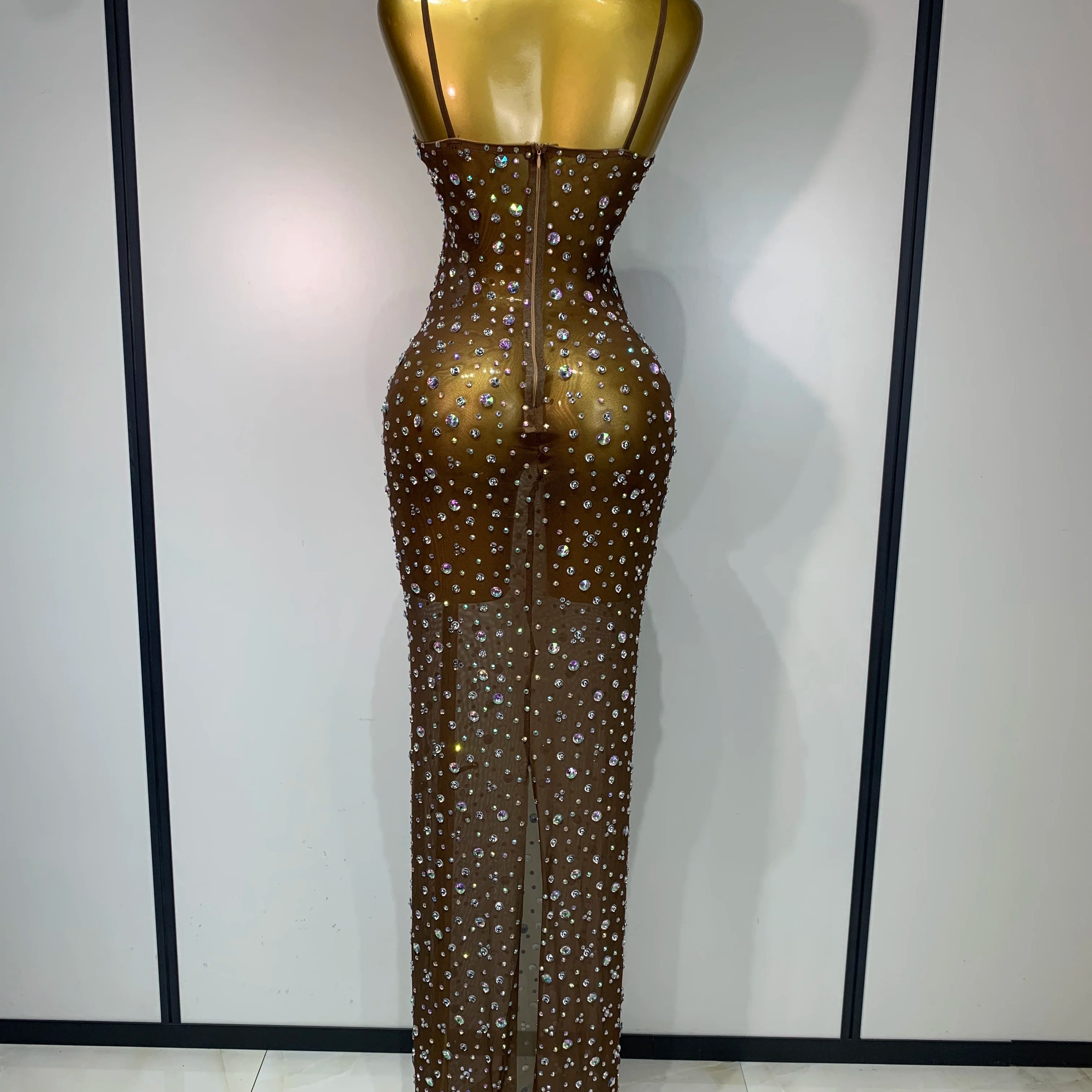 Sparkly Rhinestone Stretchy Mesh See Through Dress Women 2025 Performance Dancer Costume Luxury Birthday Nightclub Stage Outfit