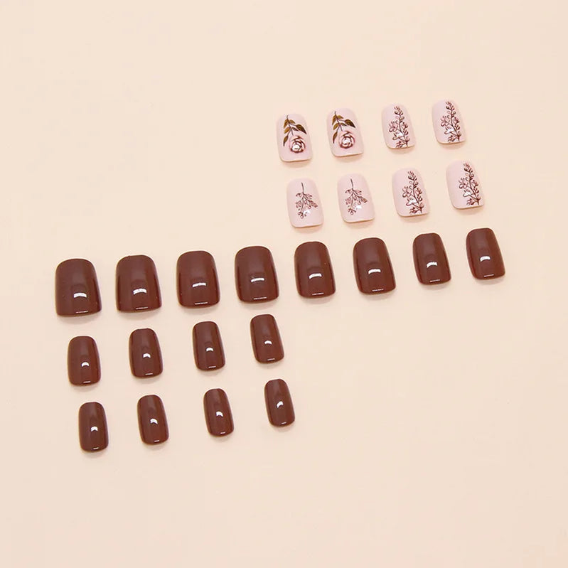 24pcs Simple Brown Rose Press on Nails Solid Color Lines Fake Nail Tips Women Wearable Cover Fashion Short Side False Nails