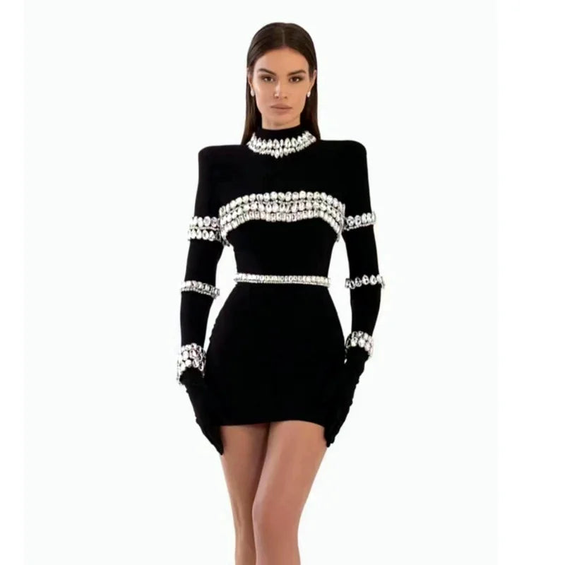 STOCK New Winter High Quality Sparkling Diamonds Half High Collar Black Mini Bandage Dress Fashion Woman Evening Party Outfit