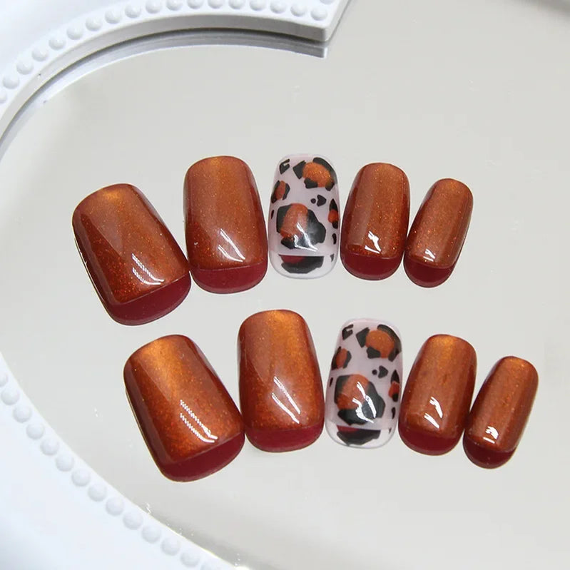 24-Piece Orange Cat Eye Press-On Nails with Short Square Full Cover and Leopard Design - Trendy Fake Nails for Women & Girls