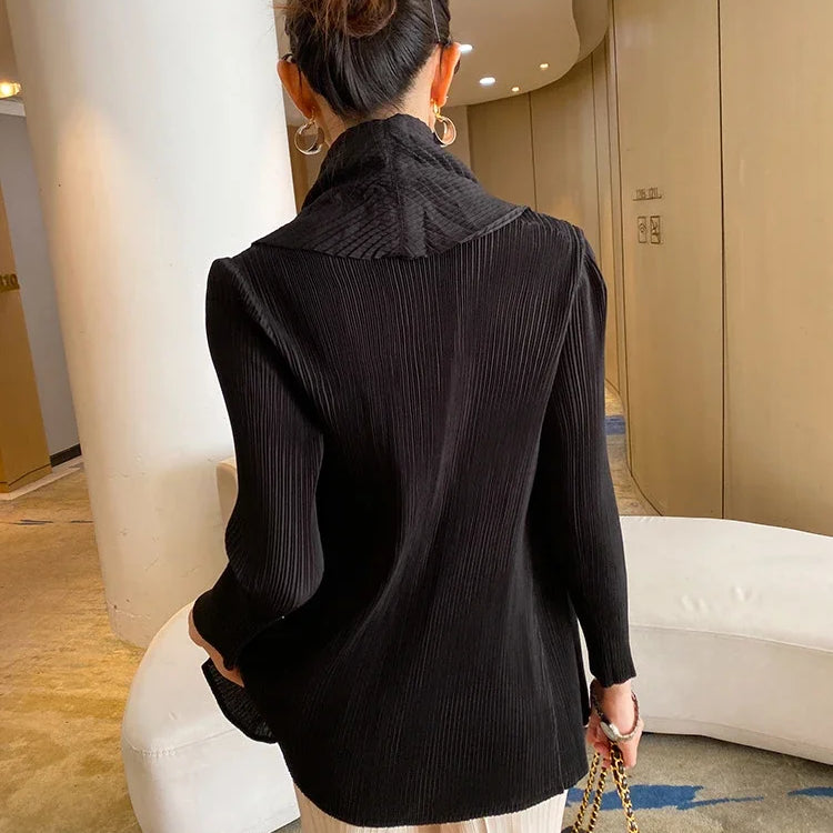 ALSEY Miyake Pleated Fashion Short Coats Women's Fall Winter New Black Loose Open Stitch Turn-down Collar Korean Jackets