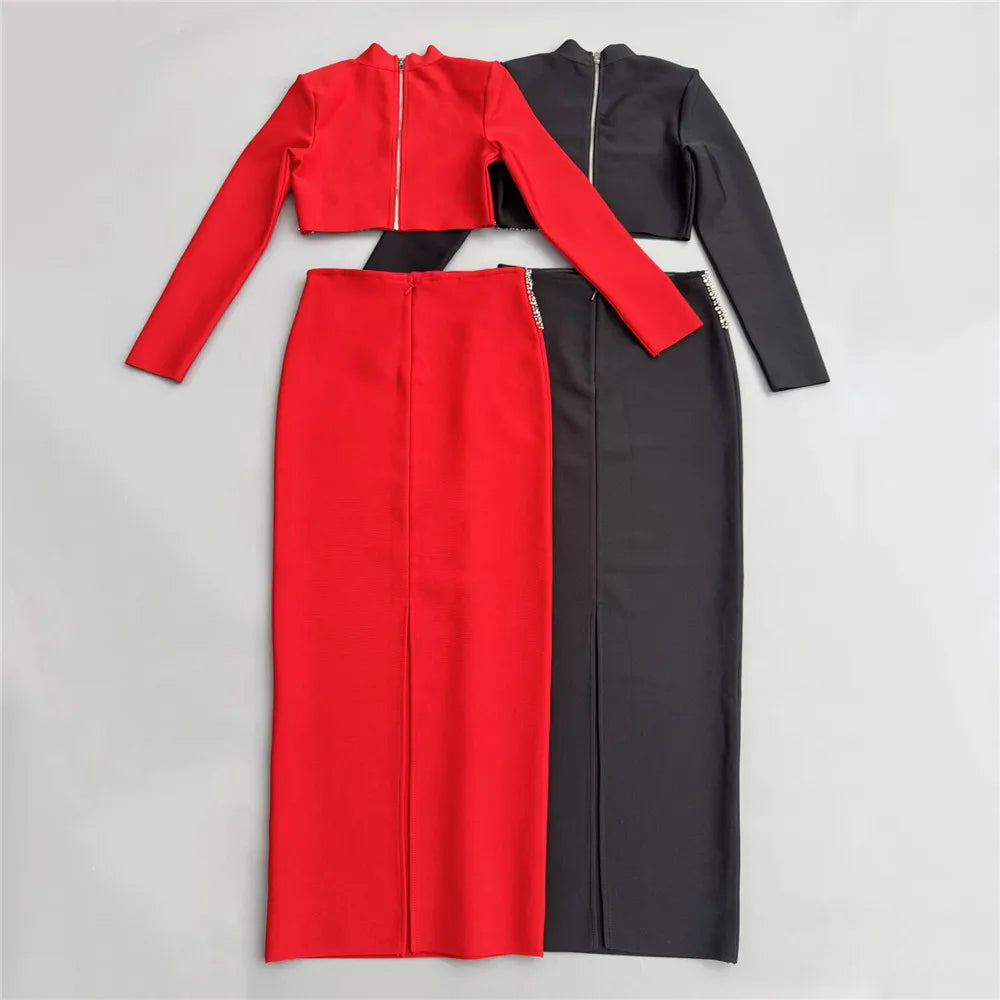 Black Red Women Long Sleeve Shinning Diamond 2 Pieces Bodycon Bandage Long Dress Elegant Normal Evening Party Outfit