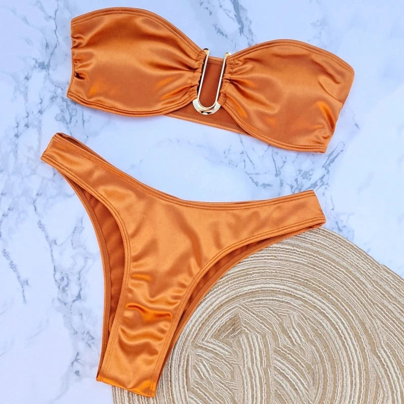 Sexy U Shaped Bandeau Bikinis Set Mujer Strapless Swimwear Women Gold Swimsuit Bathing Suit Biquinis Brazilian Bikini Swim 2024 Orange