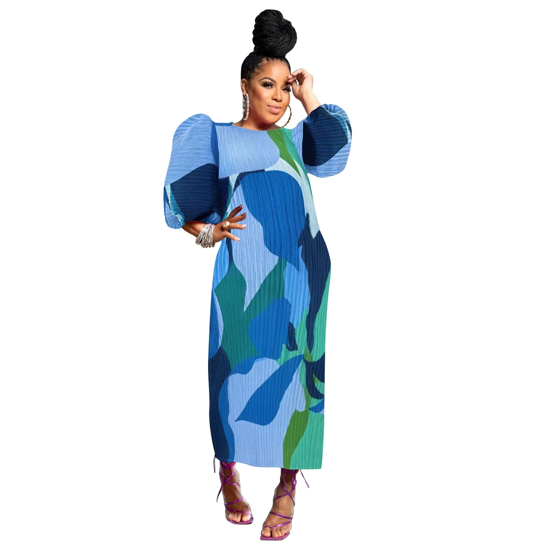 CM.YAYA Elegant Women Pleated Half Lantern Sleeve O-neck Slim Maxi Long Dress Print Fashion Autumn 2024 Ruched Dresses Vestidos