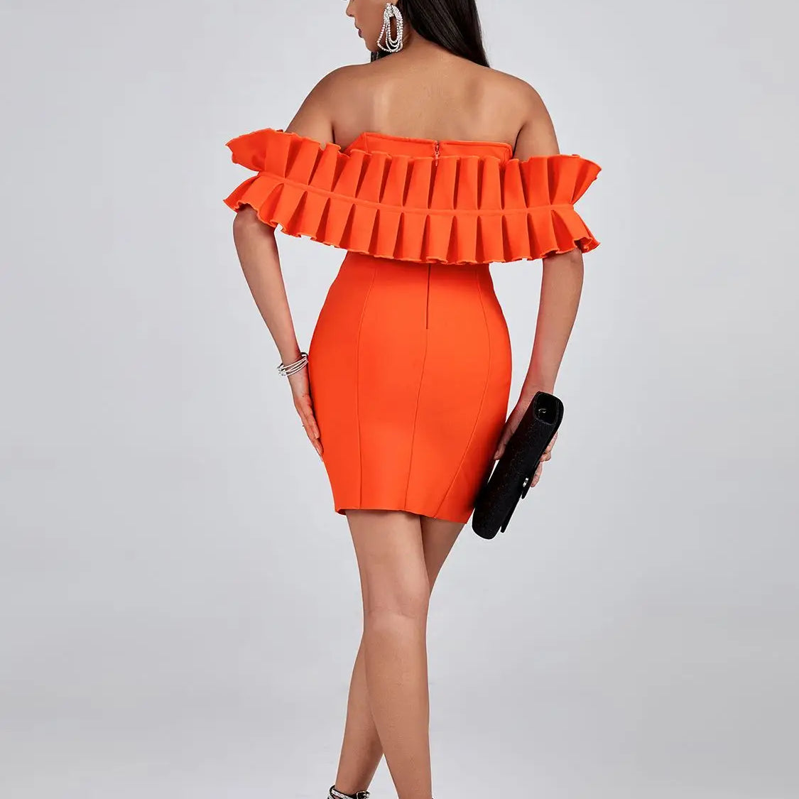 Orange Bandage Dress Women Mini Party Dress Bodycon Ruffle Elegant Sexy Off Shoulder Birthday Evening Club Outfits Summer