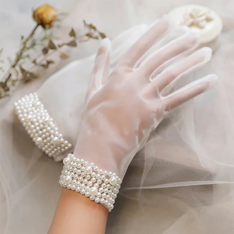 Bridal Wedding Dress Lace Gloves Wedding Open Finger Gloves White Lace Medium Length Slim Wedding Gloves Simple Blue