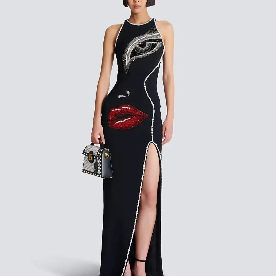 Big Eyes And Red Lips Patterned Diamonds High Slit Black Long Dress Woman Birthday Party Vestido  Celebrity Party Outfit