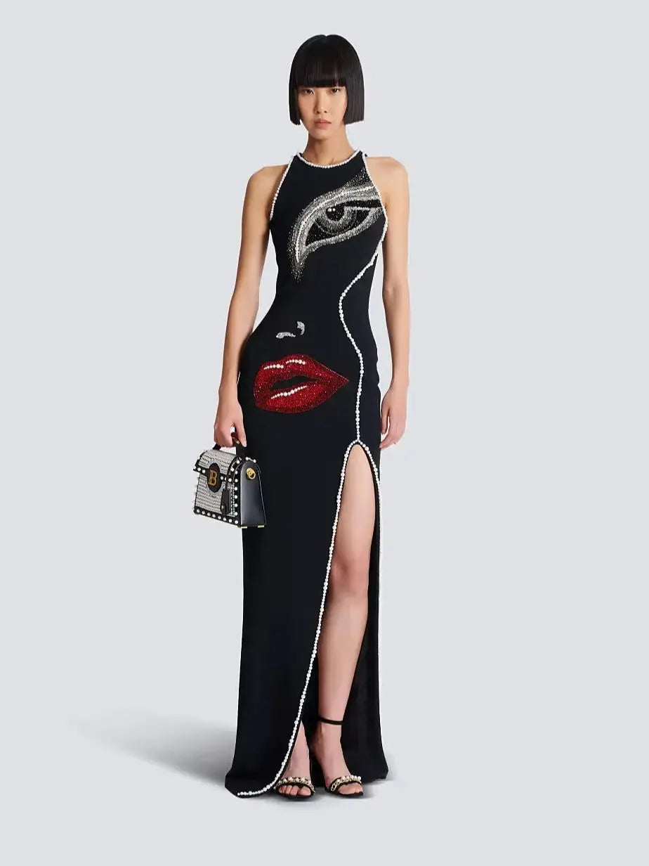 Big Eyes And Red Lips Patterned Diamonds High Slit Black Long Dress Woman Birthday Party Vestido  Celebrity Party Outfit