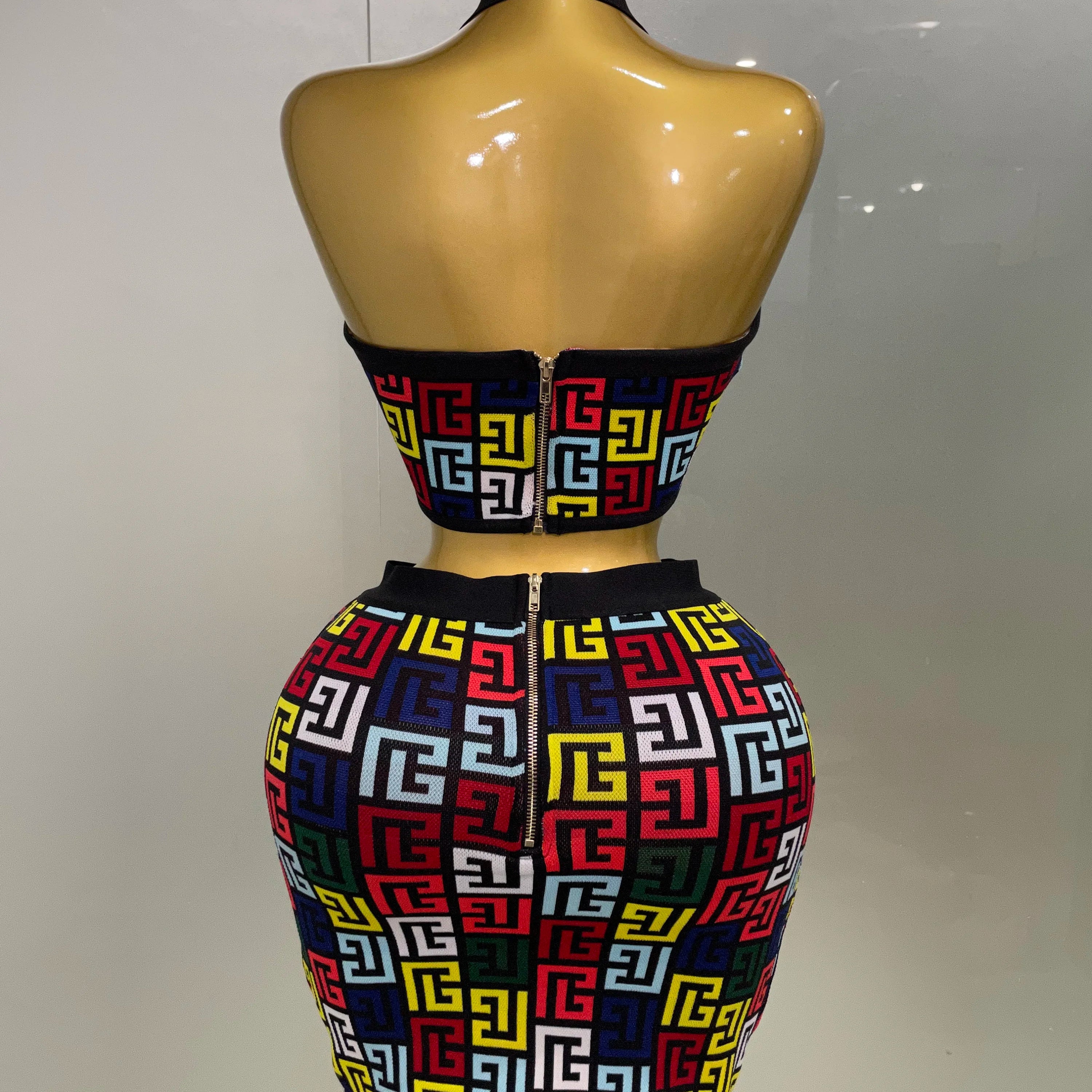 Women 2025 New Sexy Backless Halter Jacquard Two Piece Mini Skirt Bandage Set Celebrity Designer Evening Party Women's Set