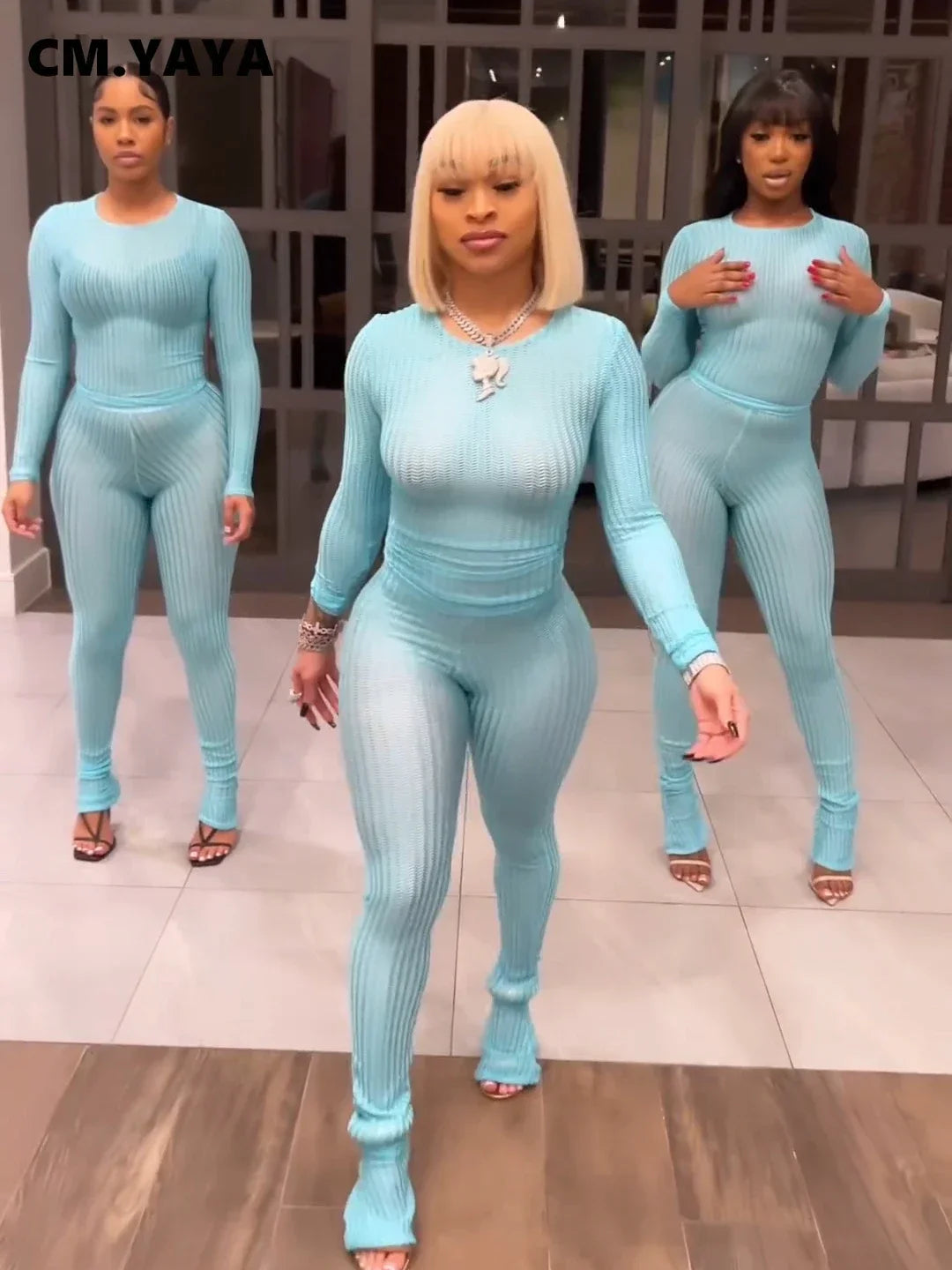 CM.YAYA Fashion See Though Women's Set Long Sleeve T-shirt and Flare Pants 2024 Active Street Two 2 Piece Sets Outfits Tracksuit