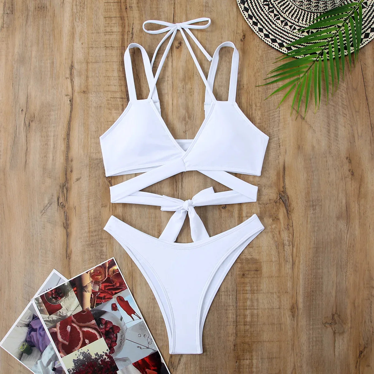 Women Strap Ties Bikini Set Female Solid Sexy Swimsuit 2 Pieces Sexy Swimwear Beach Outfits Damen Bathing Suit Push Up White