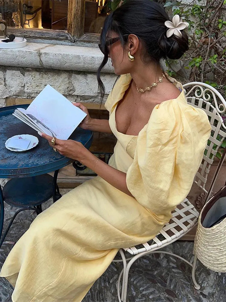 Hollow Square Neck Puff Sleeve Long Dresses Fashion Slim Fit Solid Color Women's Dress Lady Summer Casual Street Vestidos