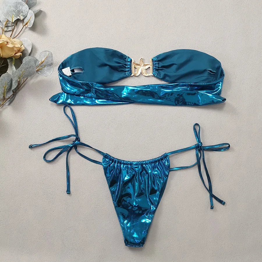 Gem Blue Glossy Bikini Women's Clothing Swimsuit Summer Beach Vacation Outfits Thong Bathing Suit Bandeau Backless Swimwear